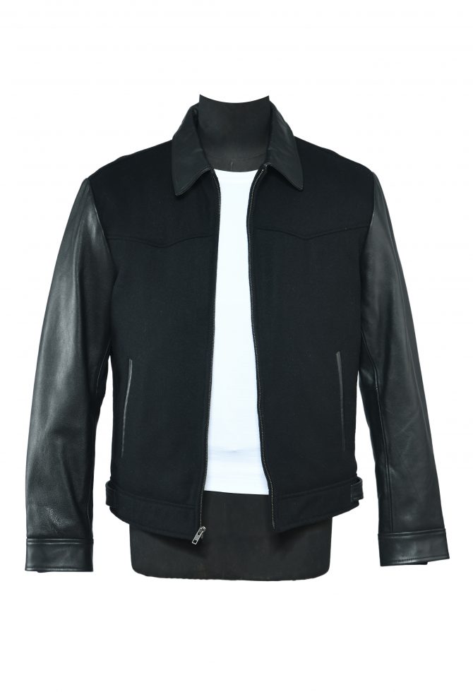 Wool and Leather Blend Short Zipper Jacket