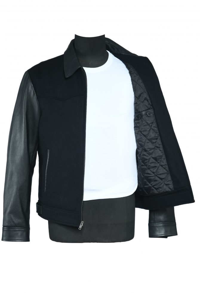 Wool and Leather Blend Short Zipper Jacket