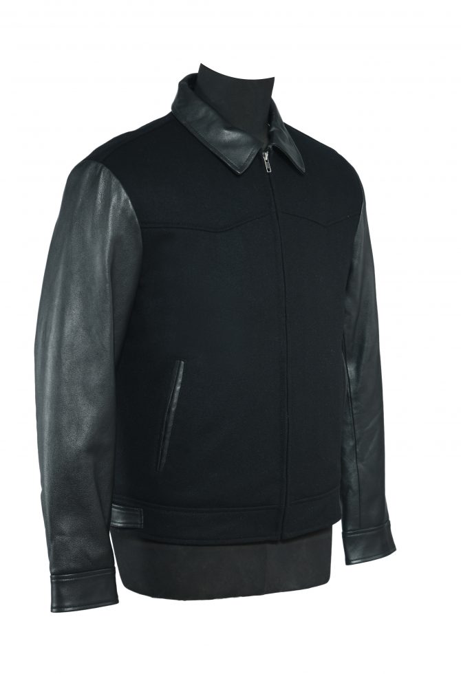 Wool and Leather Blend Short Zipper Jacket