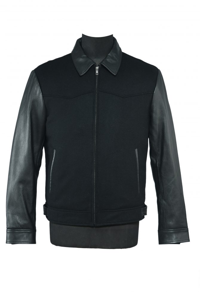 Wool and Leather Blend Short Zipper Jacket