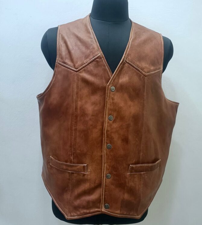Snap Button Lamb Leather Cognac Vests