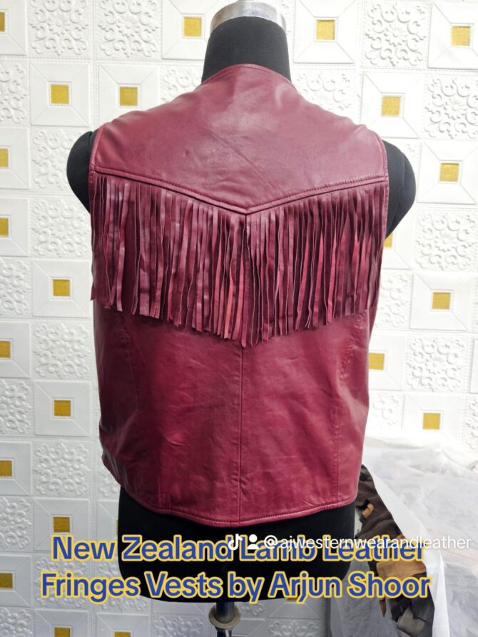 Snap Button Lamb Leather Fringe Vests Magenta Color