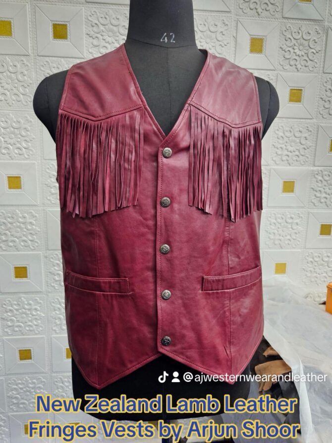 Snap Button Lamb Leather Fringe Vests Magenta Color